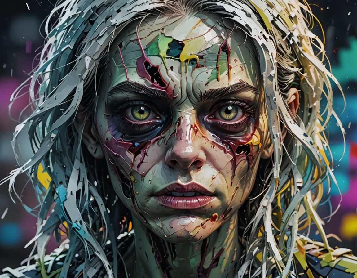 Sad Zombie Woman with Cybernetic Glitch Texture