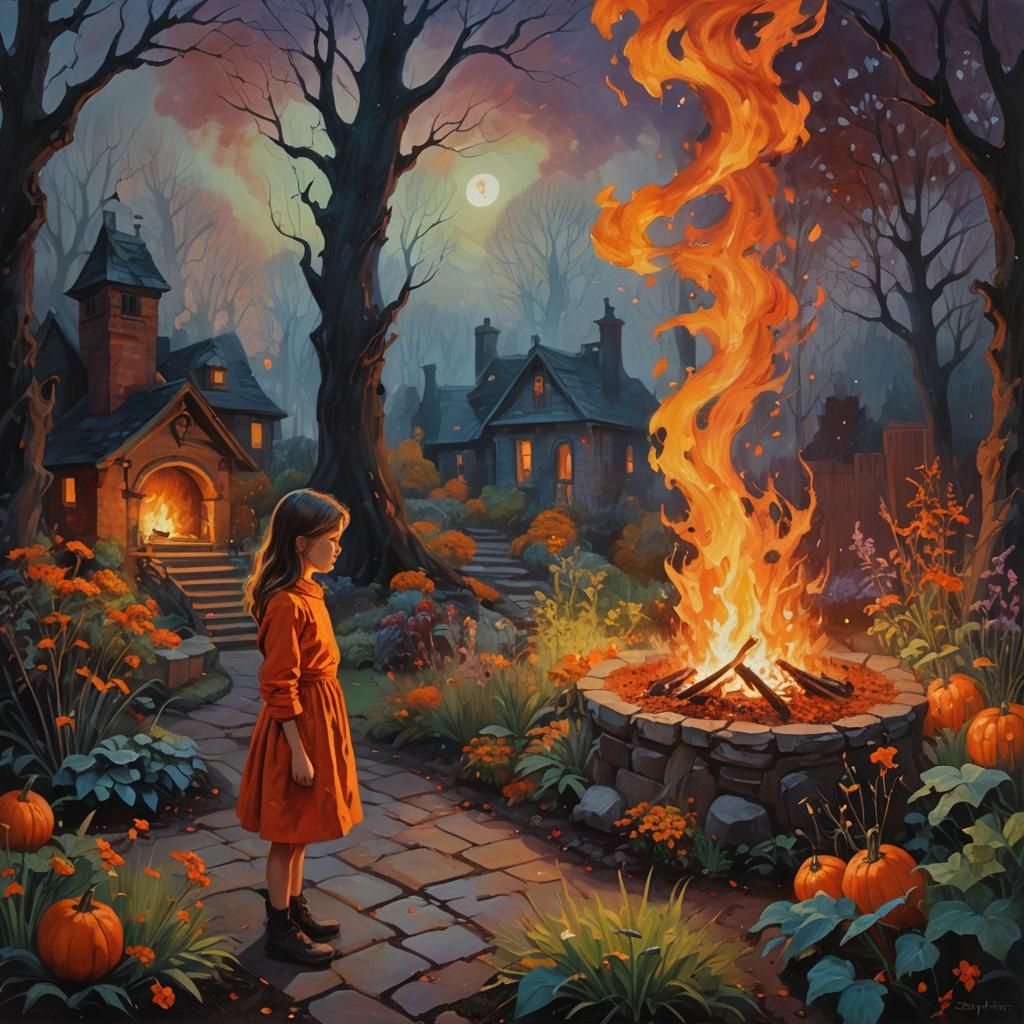 Vekkas M styler; Bloodmoon girl standing by the fire, with b...