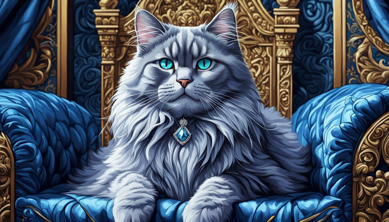 Blue Siberian Cat on Throne, Comic Book Art