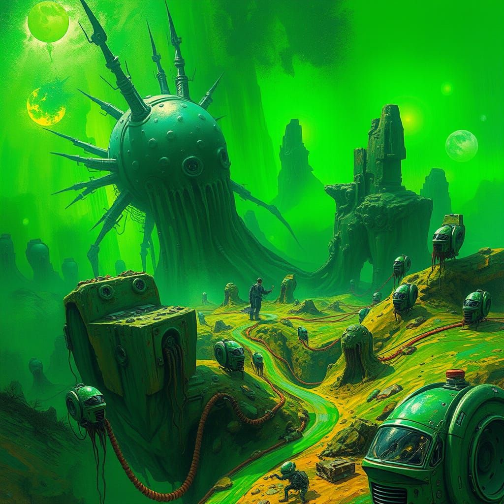 Surreal Futuristic Landscape in Neon Green and Metallic Tone...