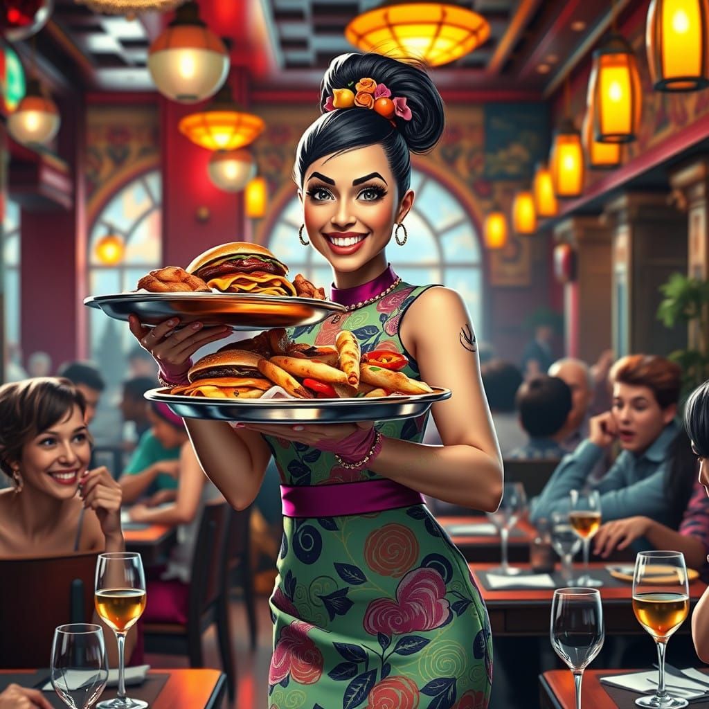 Vibrant Waitress in a Whimsical Restaurant Scene, in Fantasy...