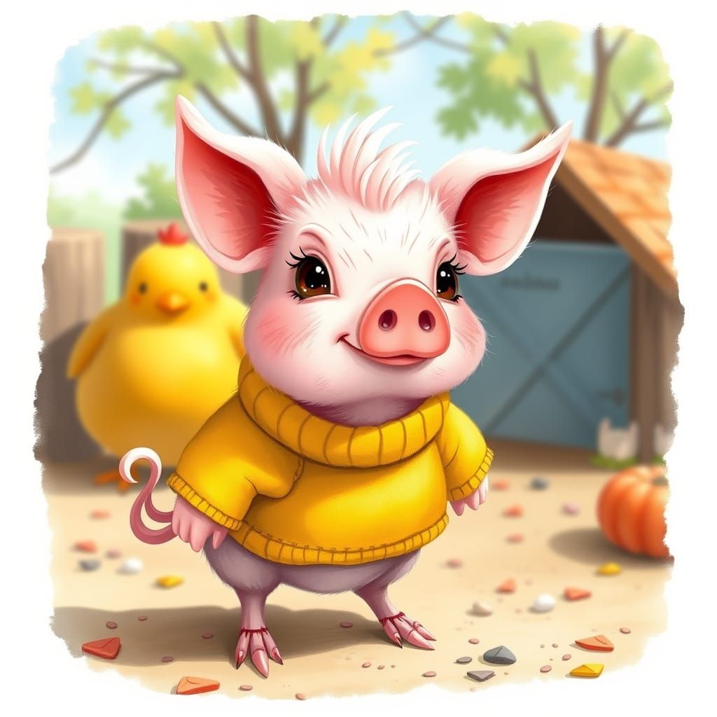 Adorable Pig-Chicken Hybrid in Sunny Farmyard
