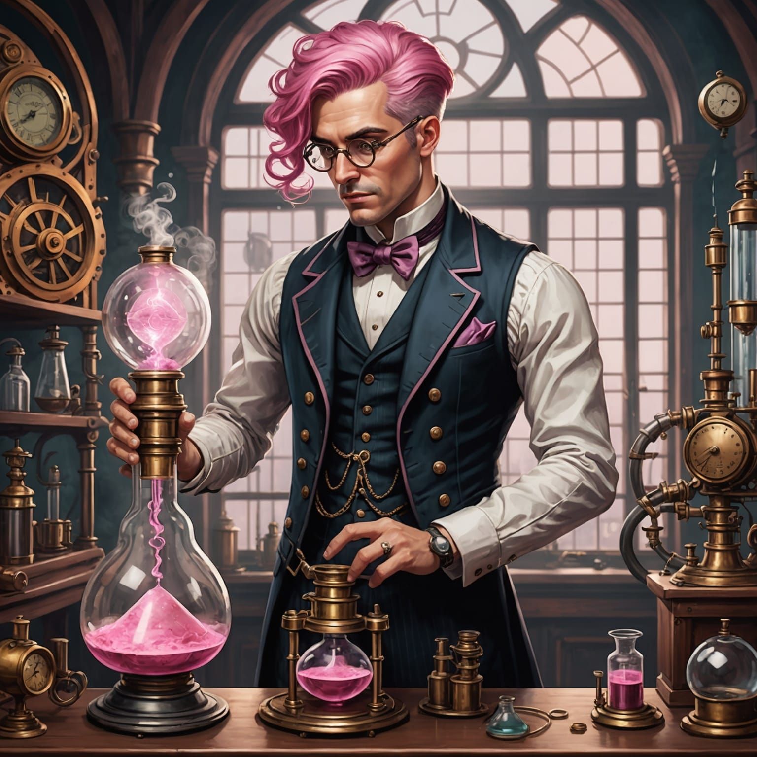 Steampunk Scientist Experimenting with Victorian Apparatus