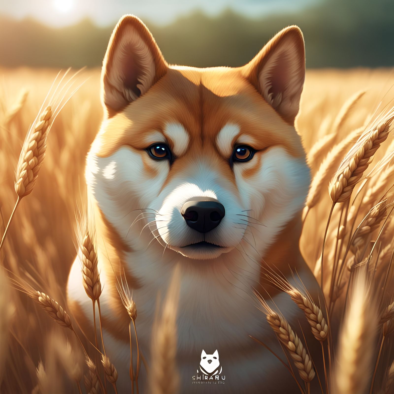Shiba Inu sitting in a wheat field