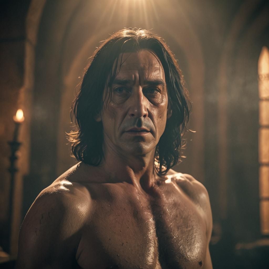 Shirtless Man in Mystical Setting: Cinematic Film Still