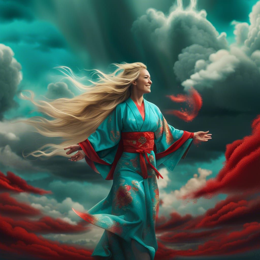 Mythical Woman Wielding Wind Powers in Clouds