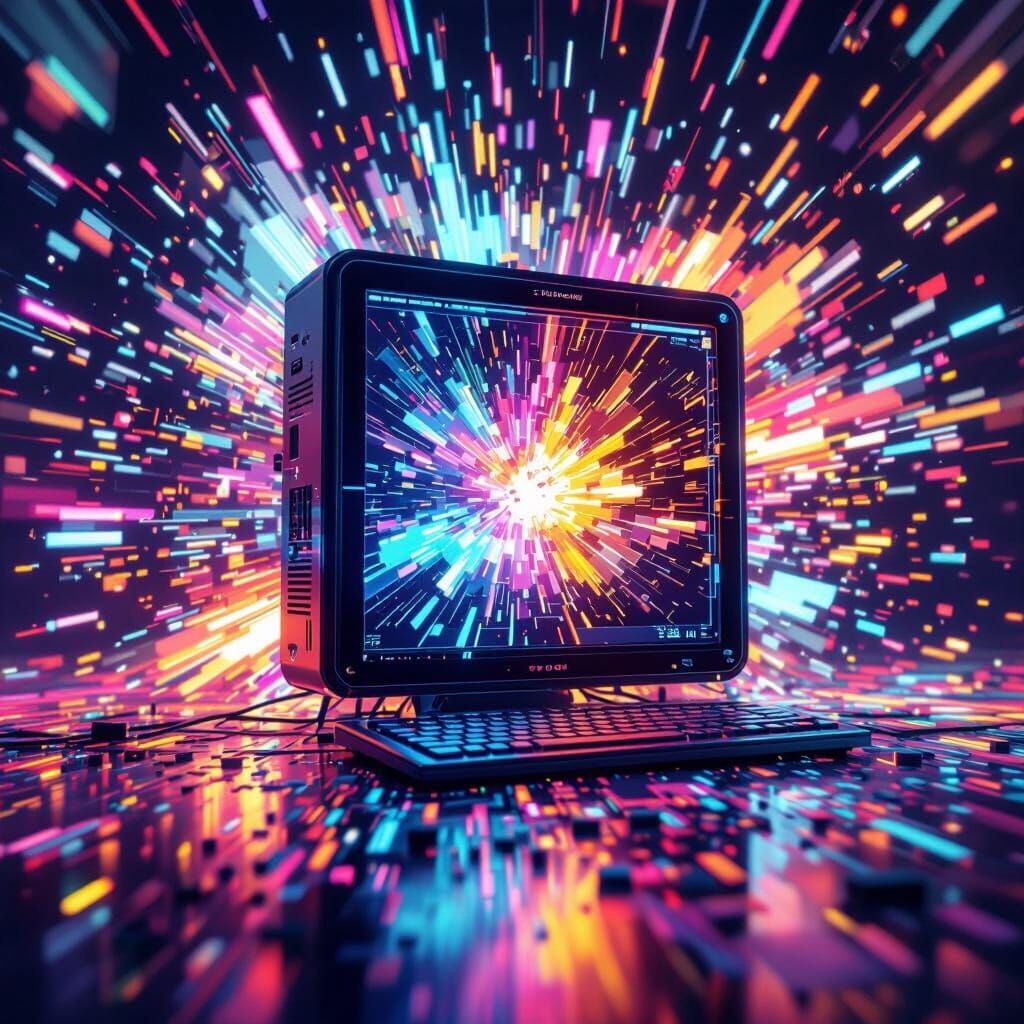 Realistic Computer with Vibrant Rainbow Light Explosion