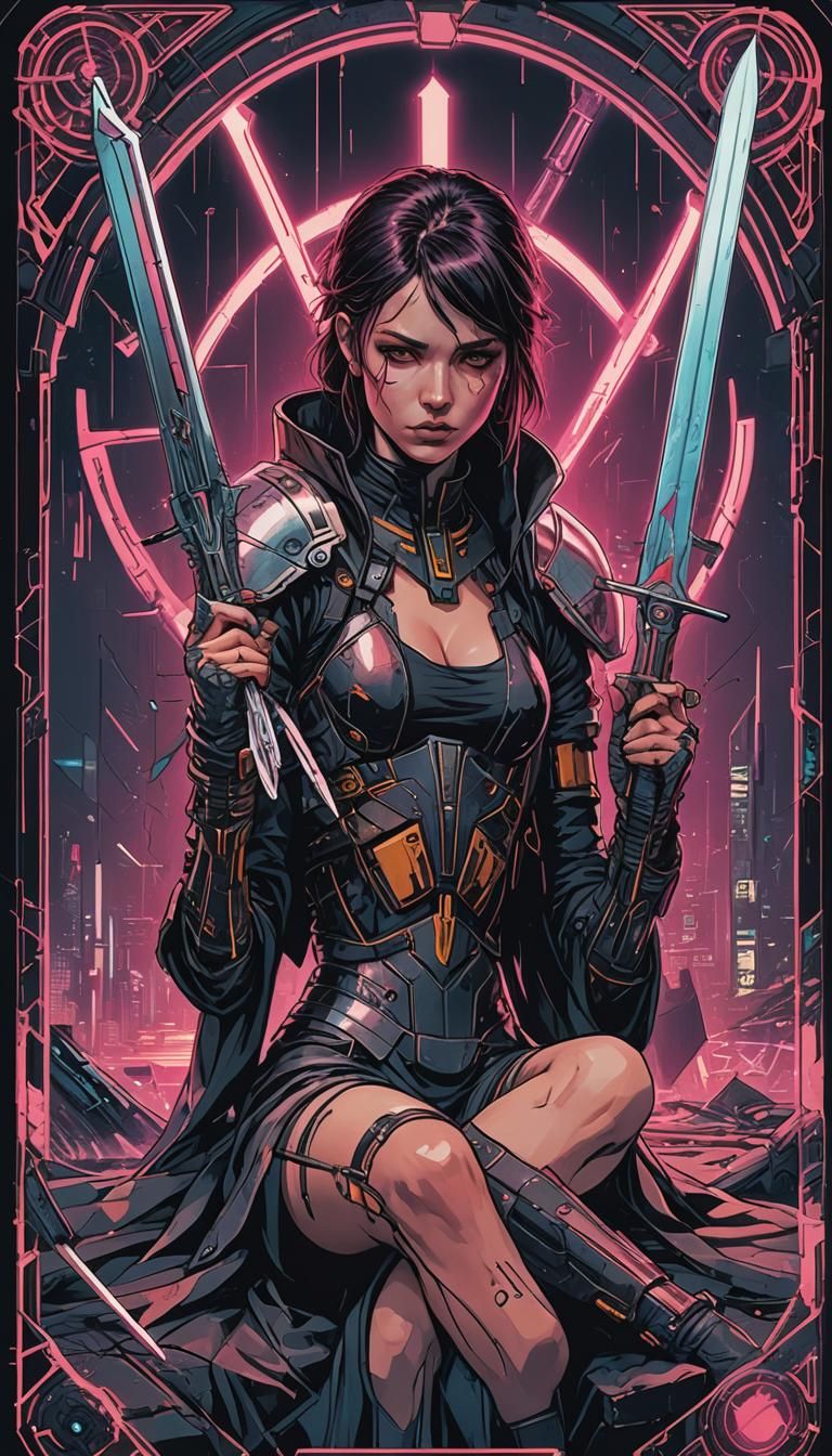 Cyberpunk Tarot: Two of Swords in Neon