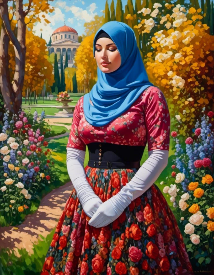 Woman in Hijab and Balaclava in Forest Garden