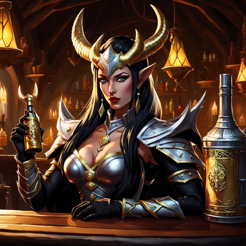 Fantasy Dragon Huntress in Tavern with Silver Potion