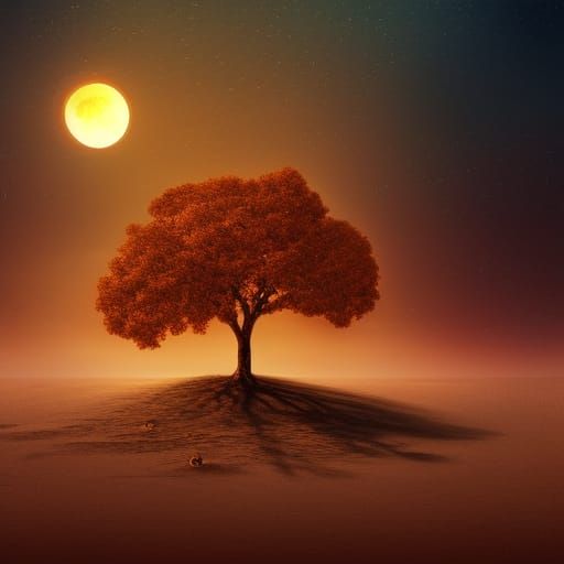Golden Tree Under Blood Moon in Desert Landscape