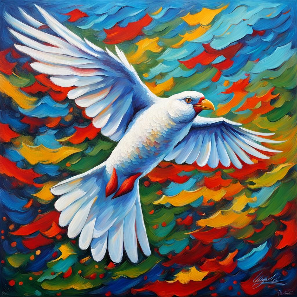 Bird with Puerto Rican and Cuban Flags in Neo-Impressionism