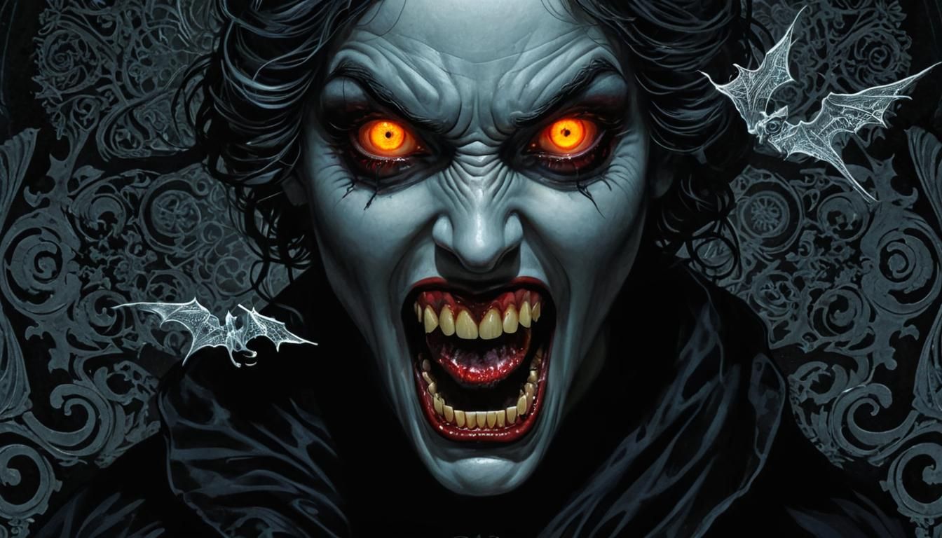 Gothic Vampire Portrait with Intricate Filigree Background