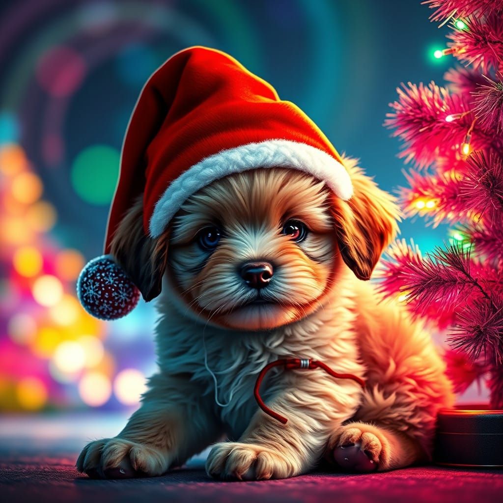 Cyber Cute Puppy in Vibrant Christmas Scene
