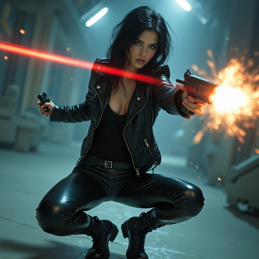 Woman with Laser Pistol in Sci-Fi Cityscape