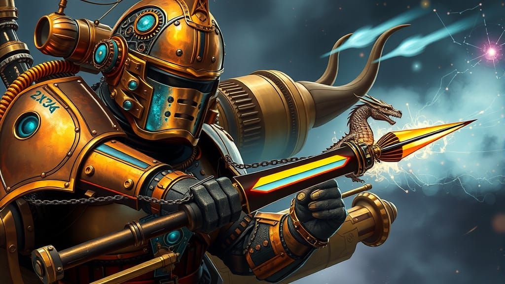 Steampunk Space Knight Engaged in Cosmic Combat