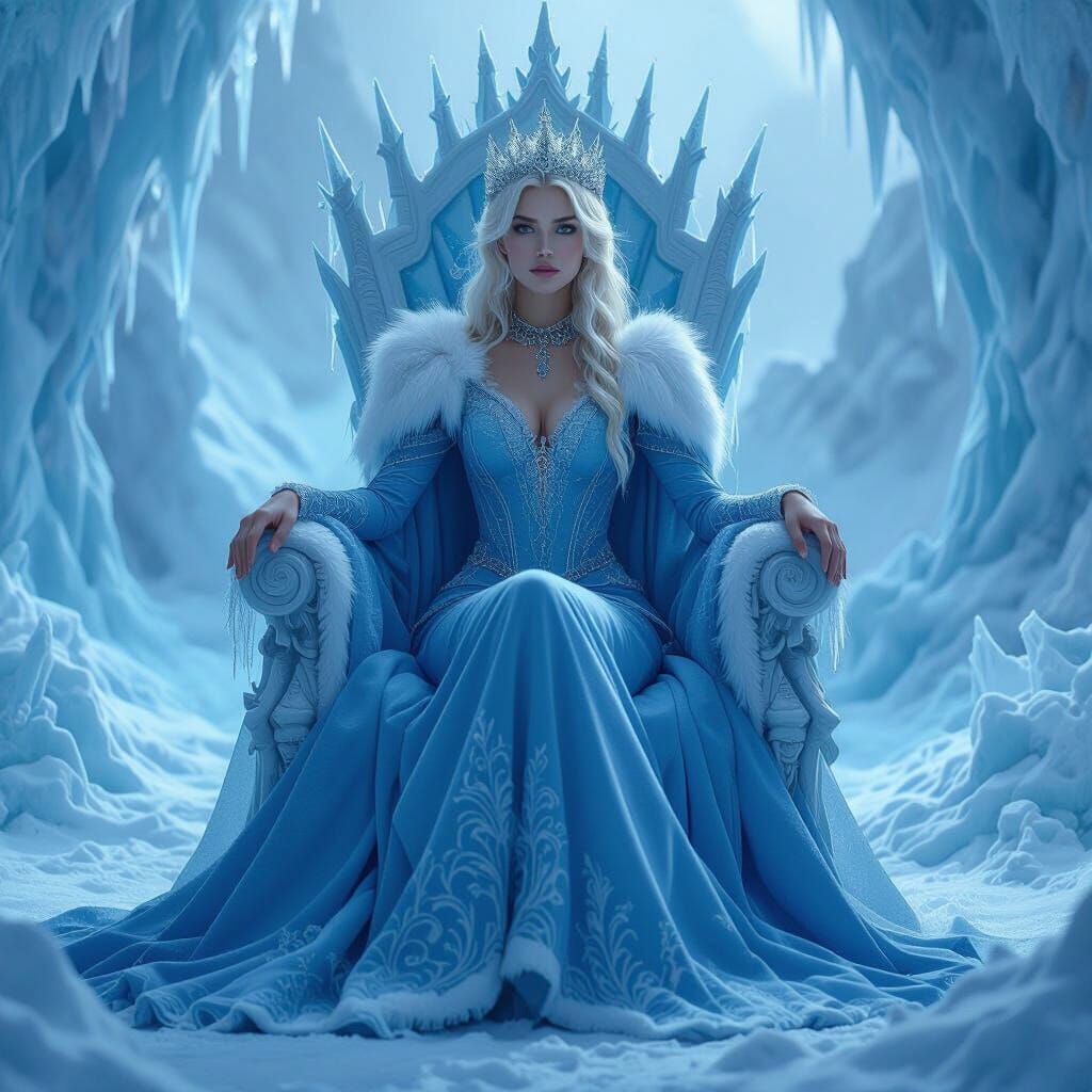 Icy Queen on Throne in a Mystical Landscape
