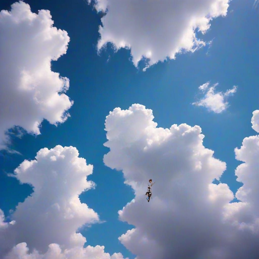 Surreal Ascent: Figures Float Towards Ethereal Clouds