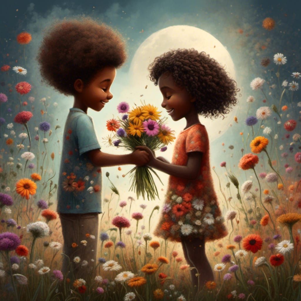 Girl Giving Flowers to Boy: Melanin Portrait
