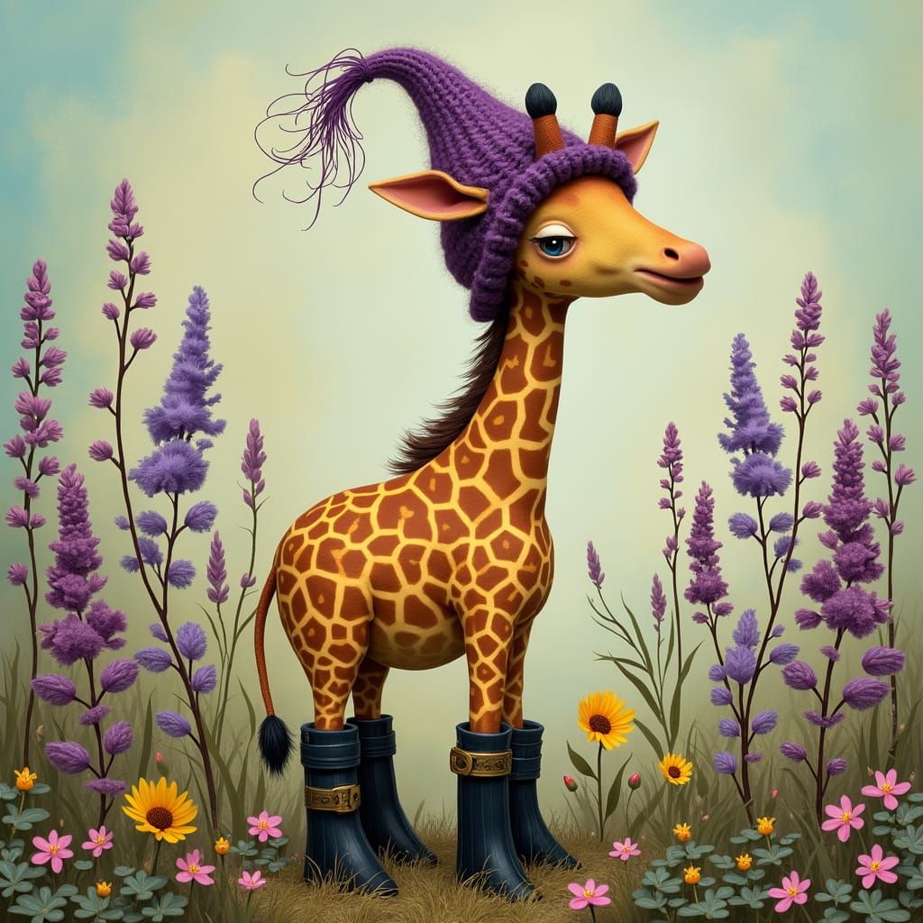 Whimsical Giraffe in Meadow with Stocking Hat