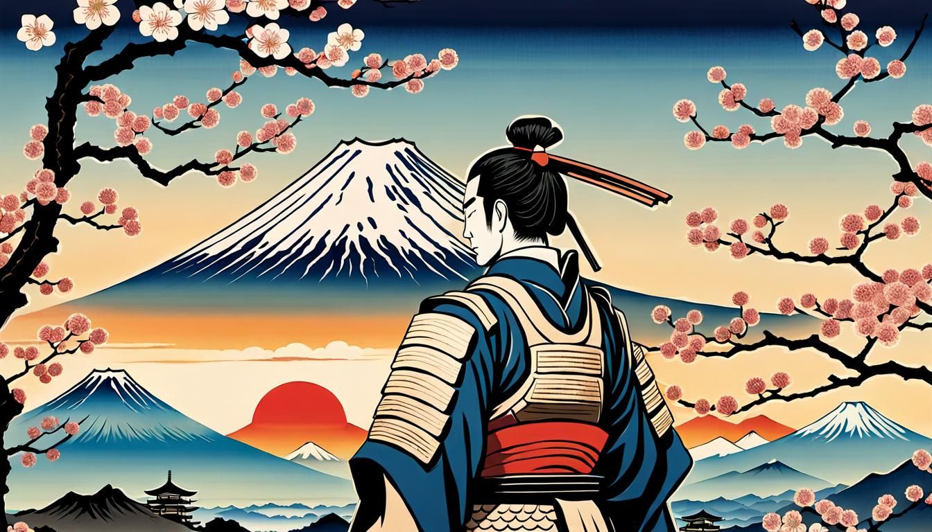 Samurai and Mount Fuji in Ukiyo-e Style