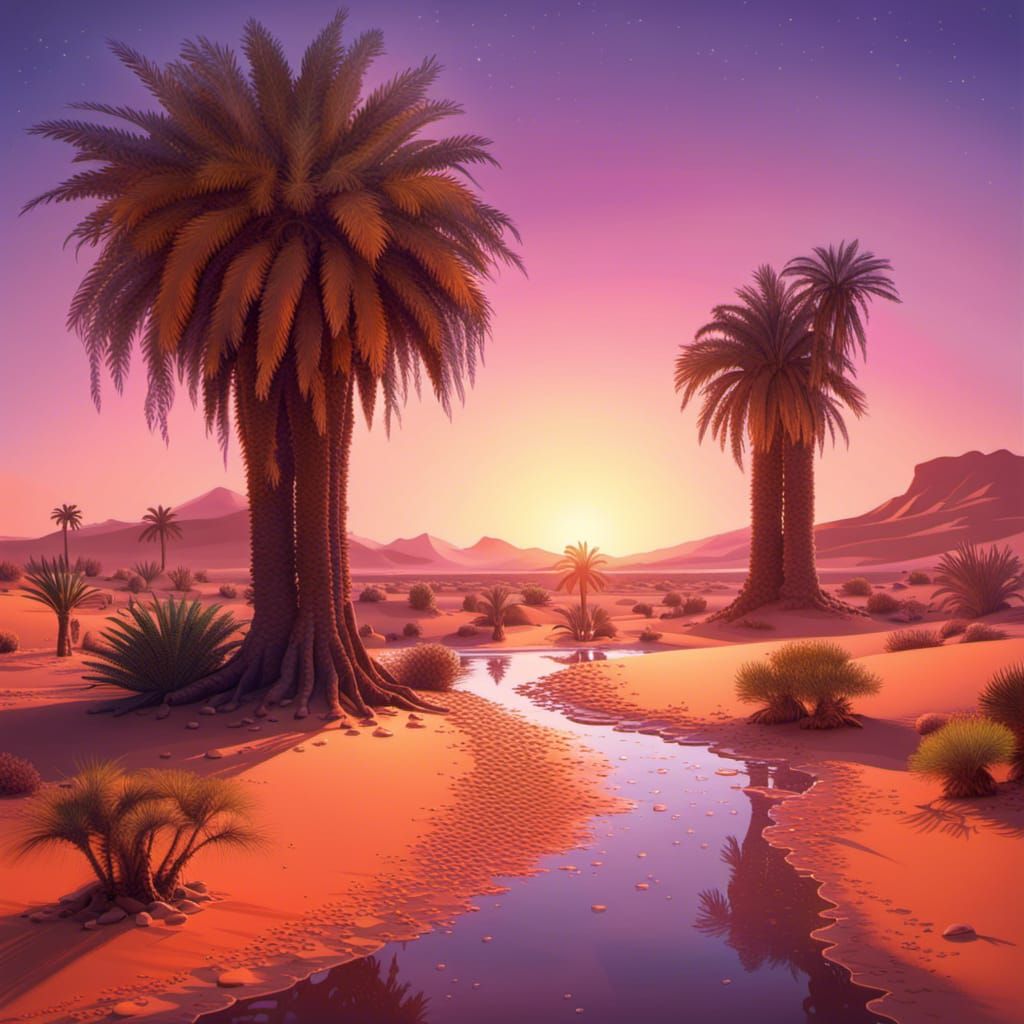 Magical Sahara Oasis Sunset in Digital Art