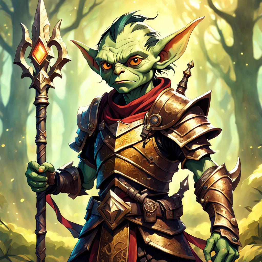 Intricately Armored Goblin in Vibrant Fantasy Landscape