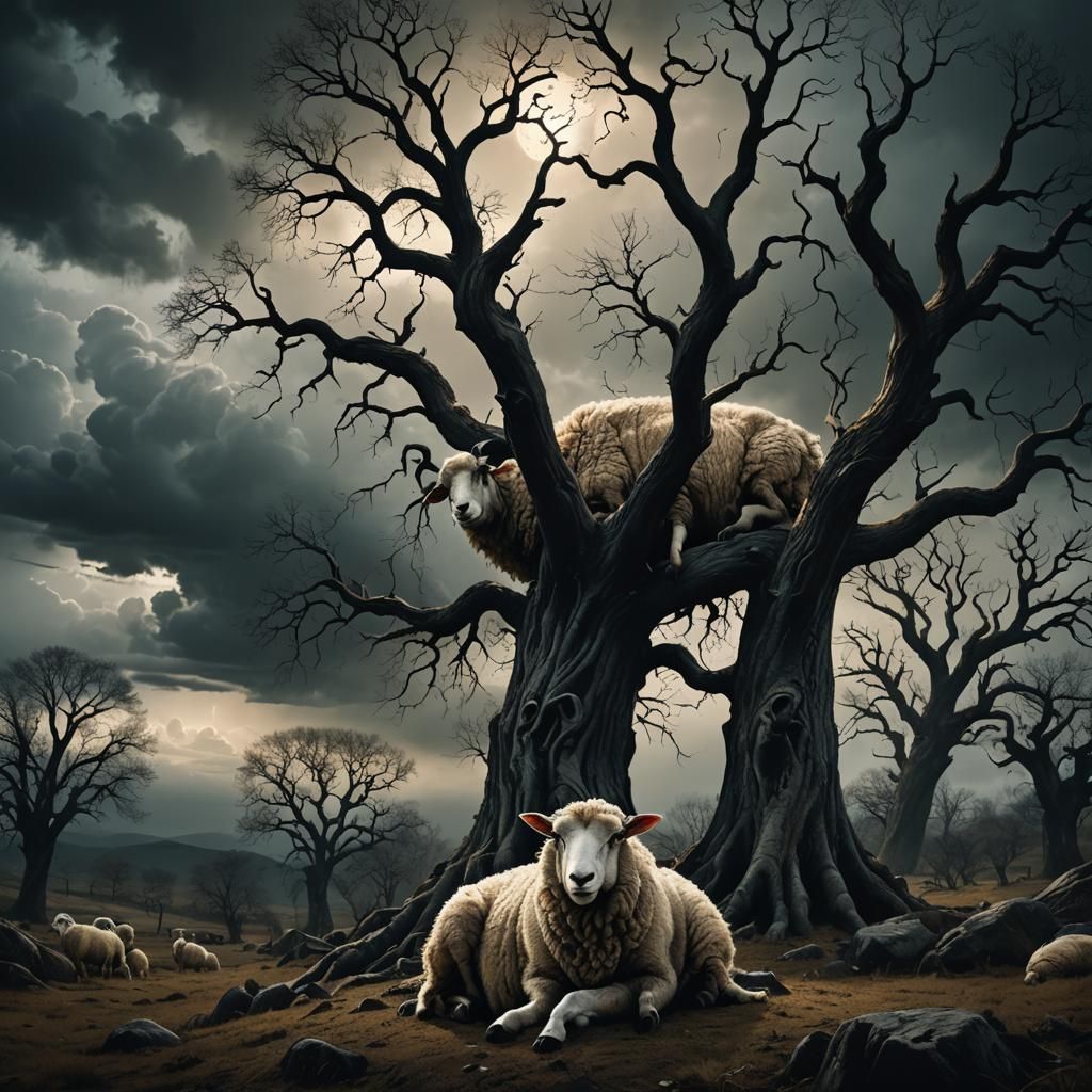Eerie Sheep in Gloomy Dark Fantasy Landscape