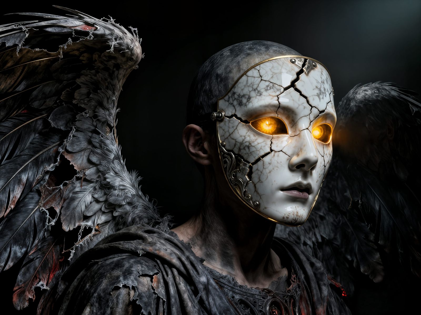 Gothic Angel with Cracked Mask and Glowing Eyes