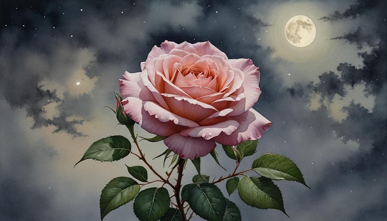 Moonlit Rose: Hyperdetailed Romantic Watercolor Masterpiece