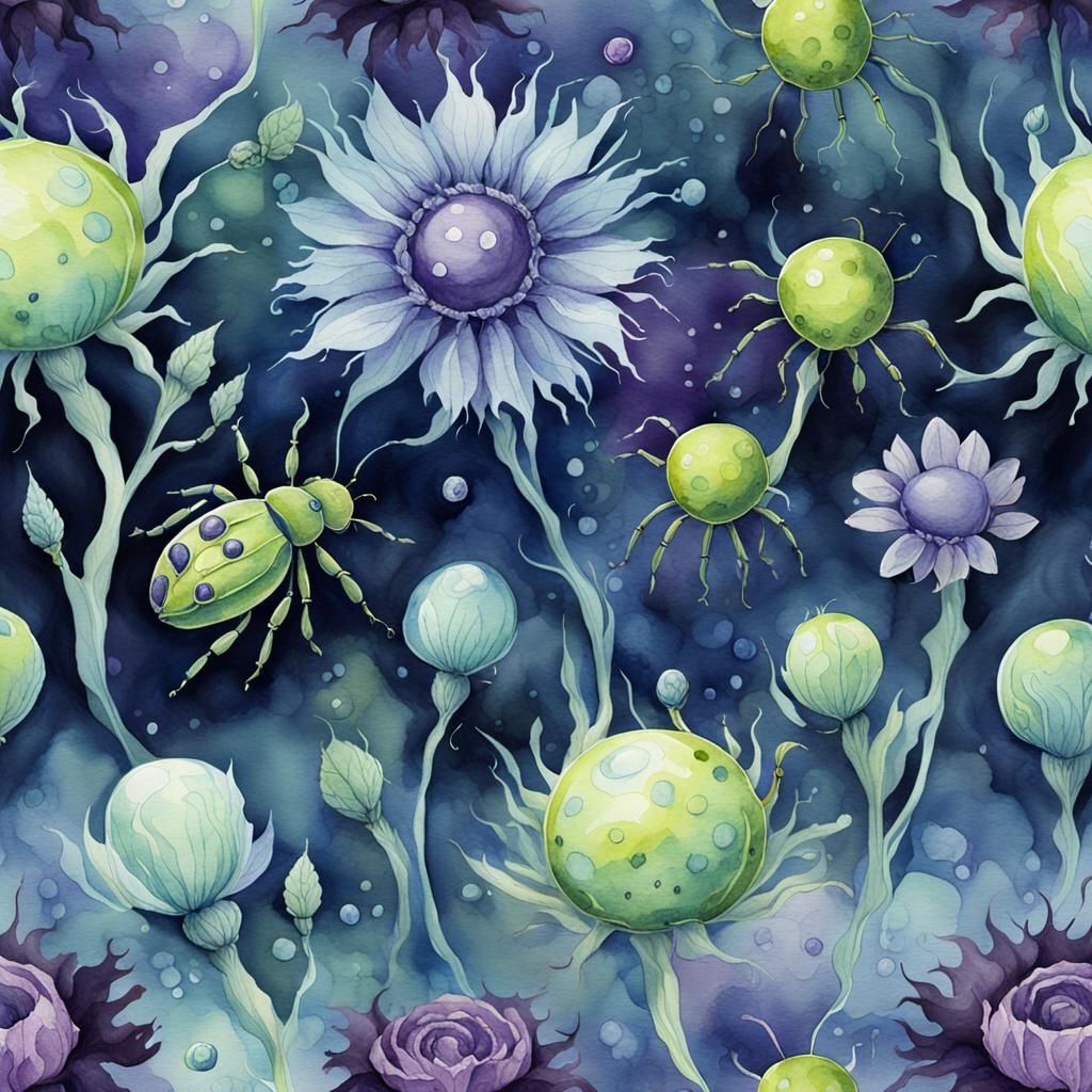 violet creepy crawlers chartreuse glowing bugs and flowers