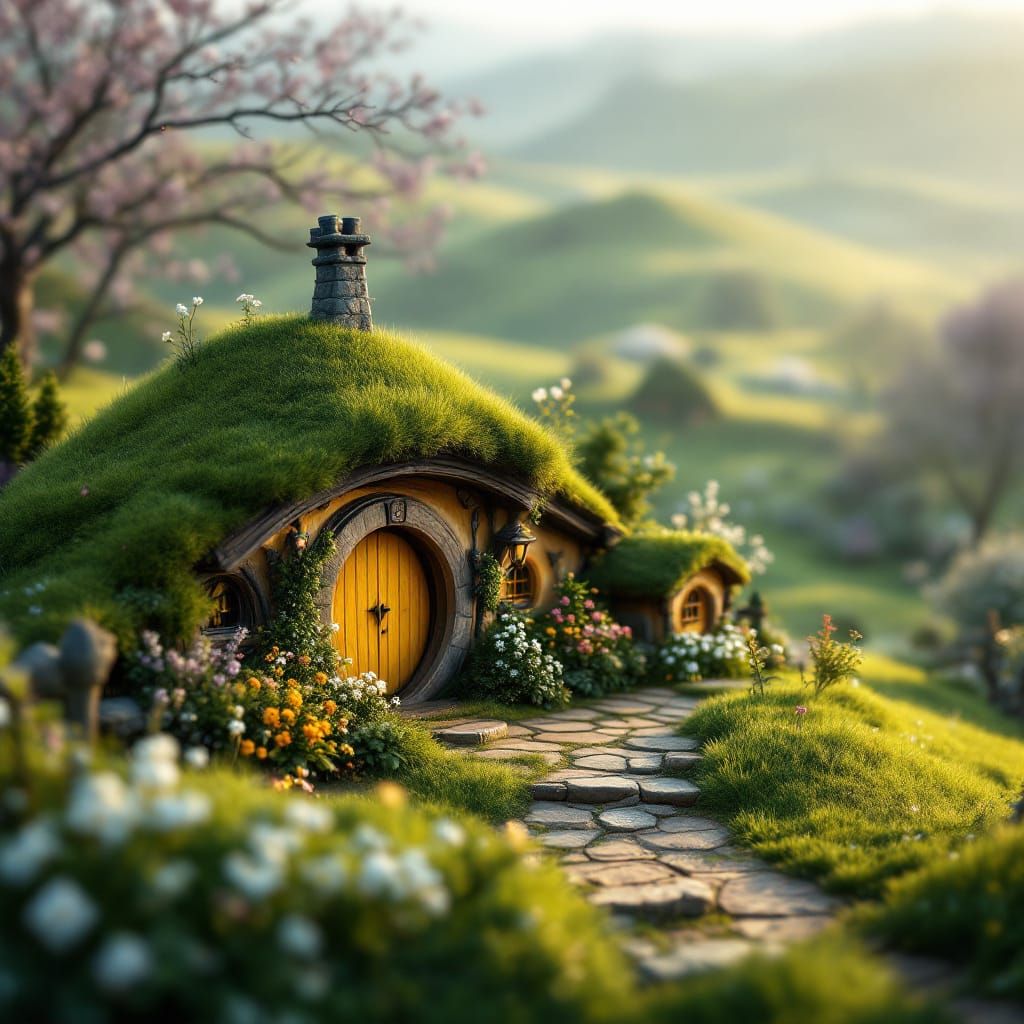 Hobbiton Village in Springtime Golden Light