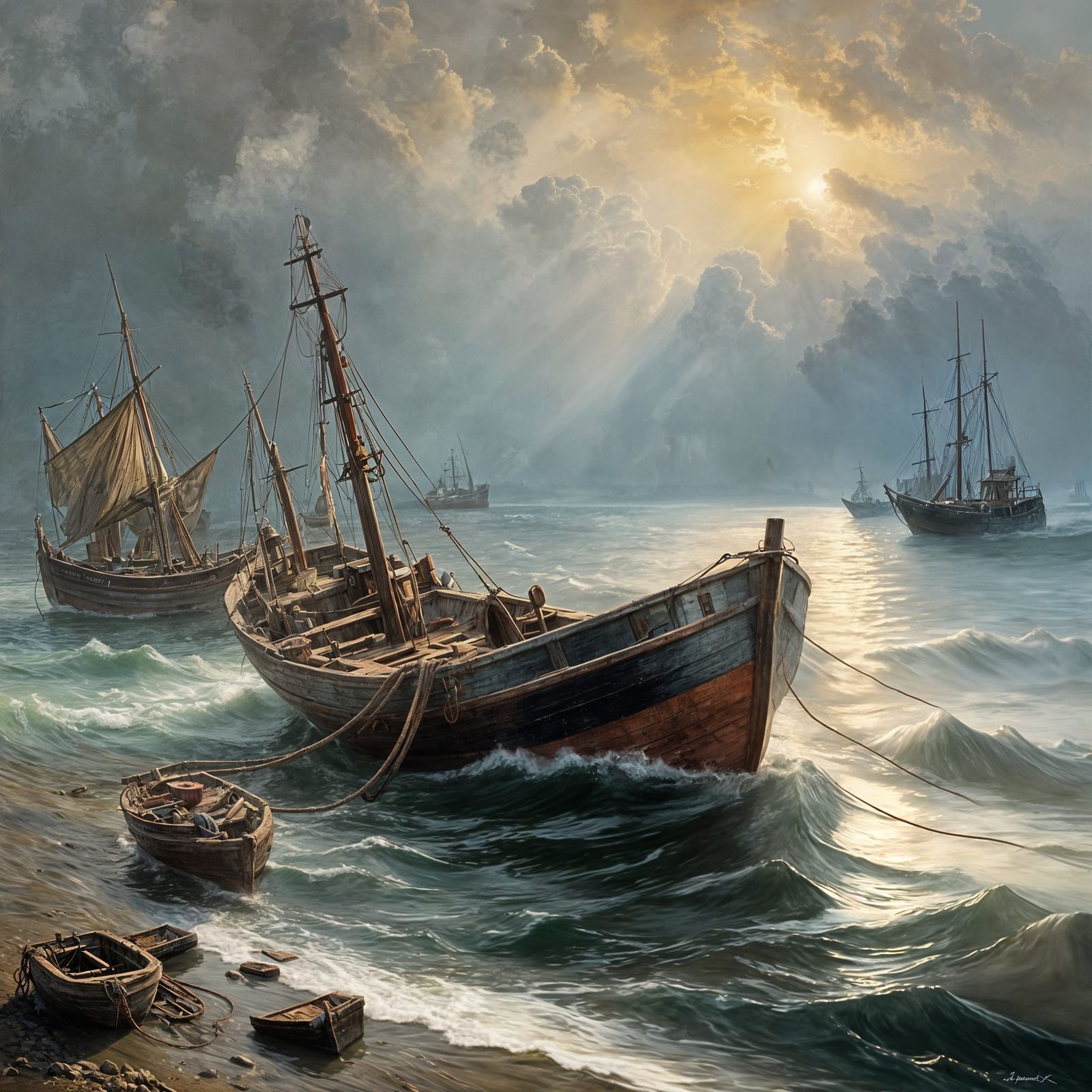 Weathered Fishing Boat in Serene Misty Harbor