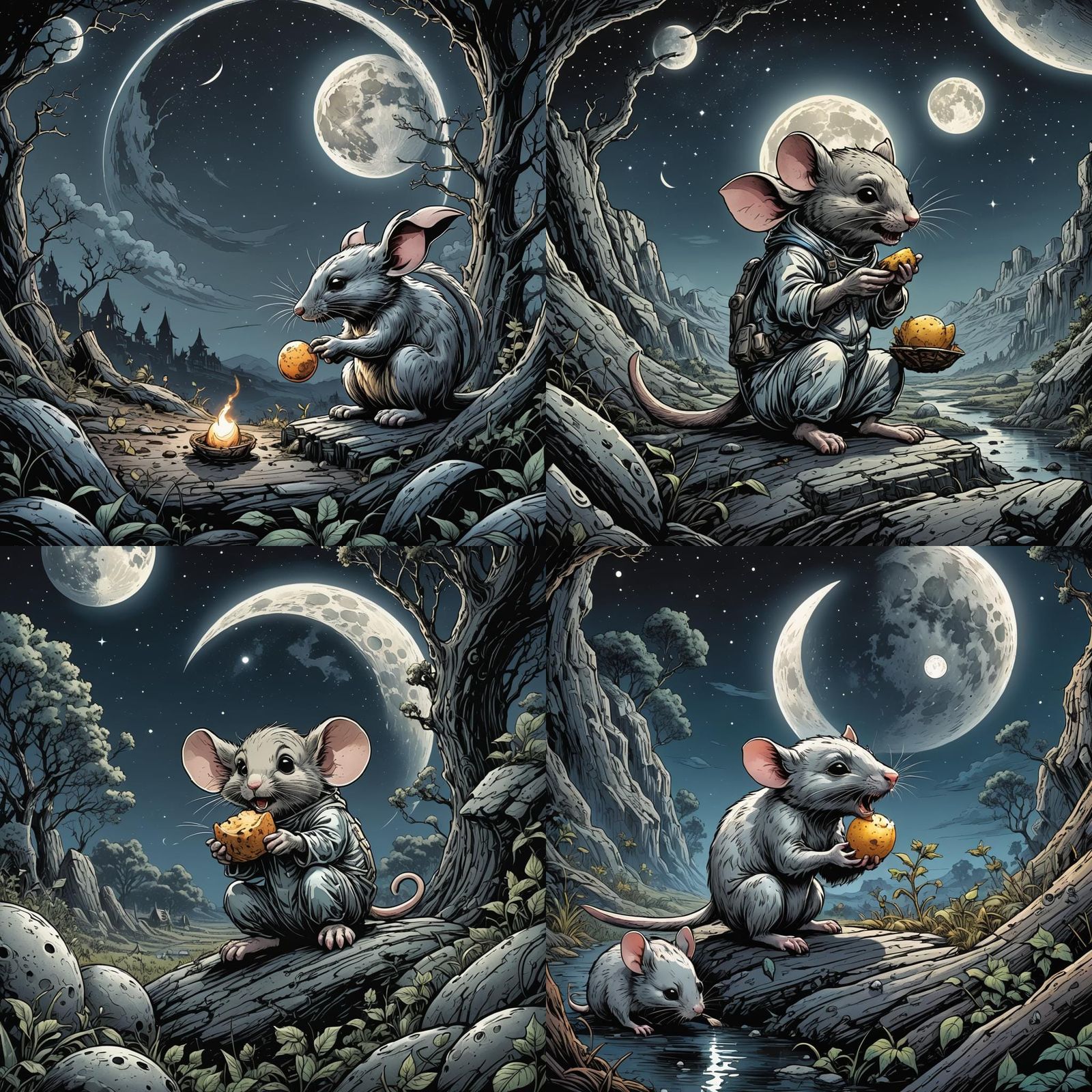 Moon Mouse Devouring the Moon in Comic Style