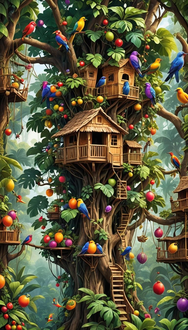 Q, High in the canopy of an enchanted jungle, a treehouse village cradles passion fruits within its woven branches. Colo...