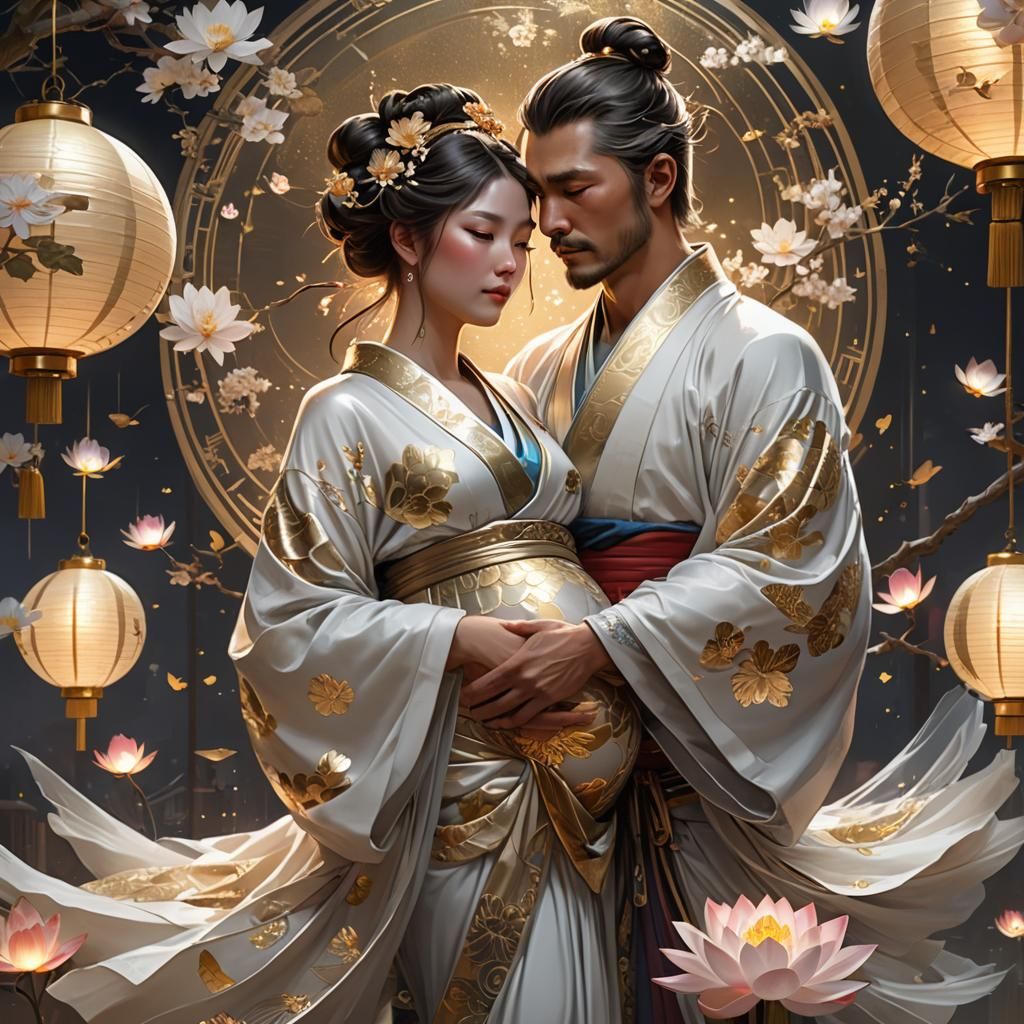 Embracing Couple with Lotus and Cranes, Art Nouveau