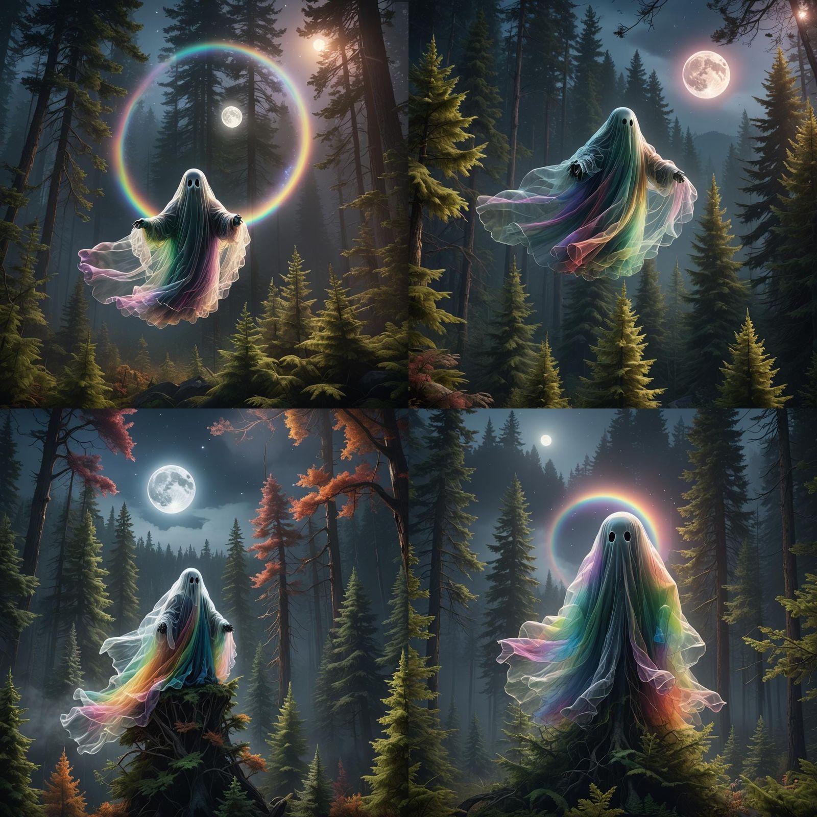 Rainbow Ghost Floats Over Forest in Fantasy Art