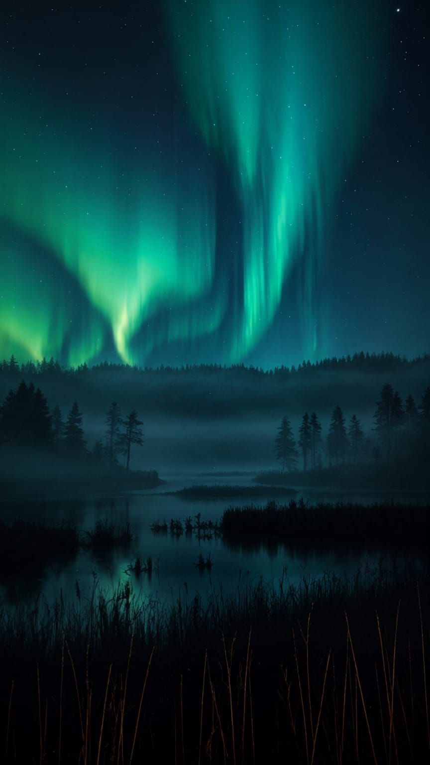 Northern Lights Dance Across Karelian Forest Landscape