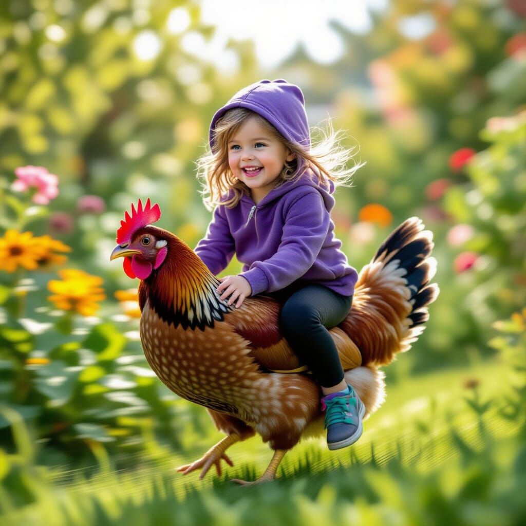 Girl Rides Chicken Through Garden: Photorealistic Art