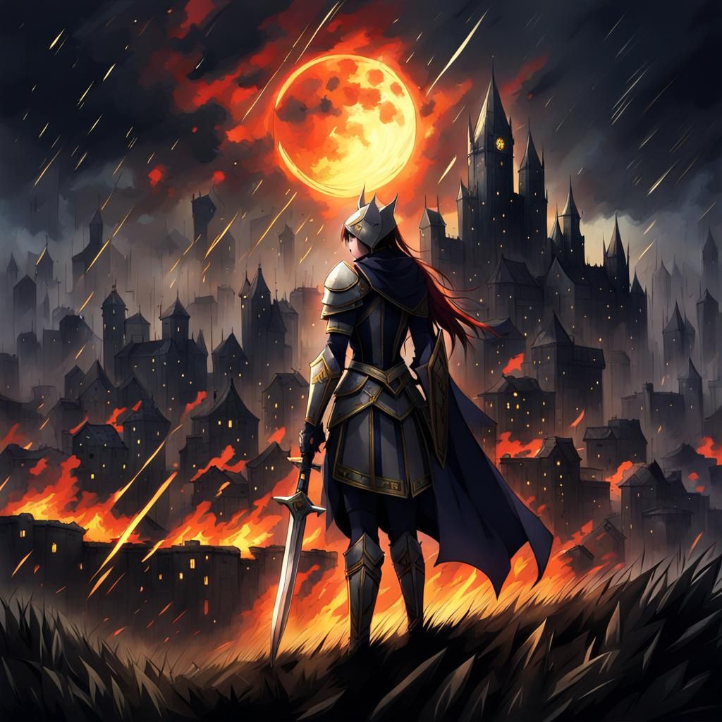 Anime Knight Arrives at Burning Medieval Town