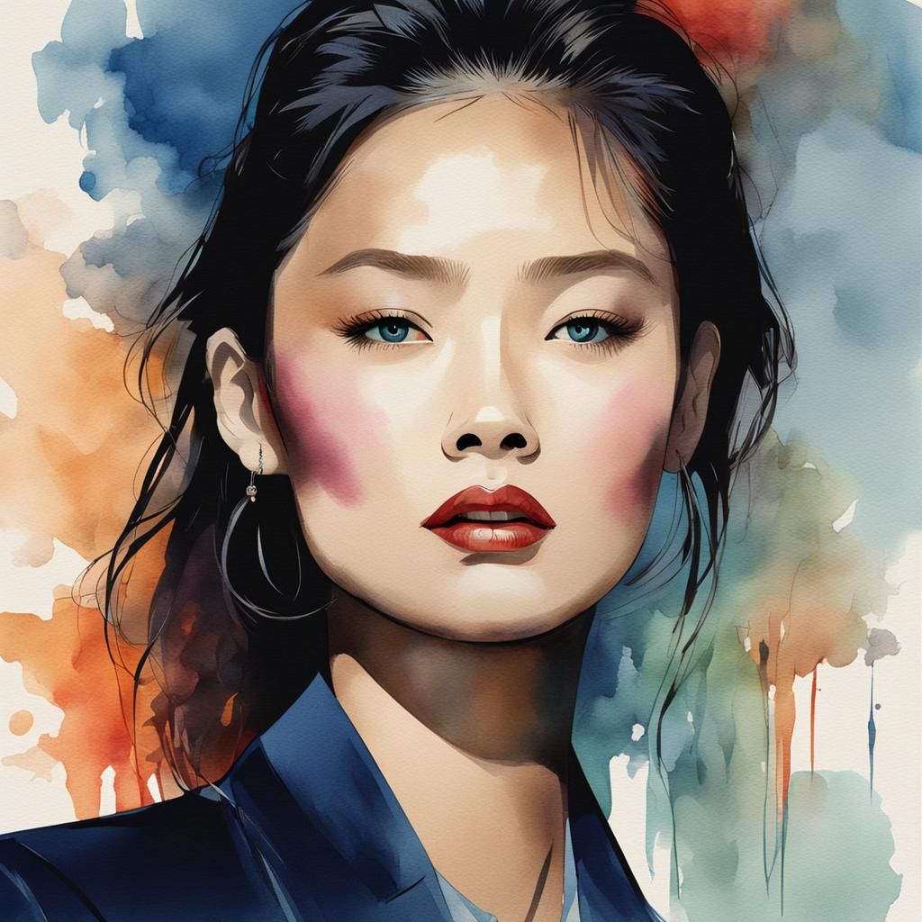 Taiwanese Model Headshot with Watercolor Background