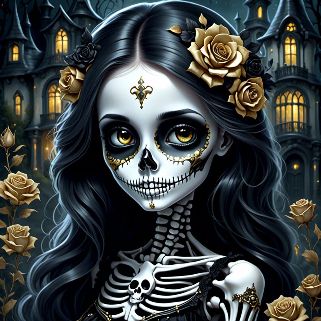 Stylized Skeleton Girl with Roses in a Scary Setting