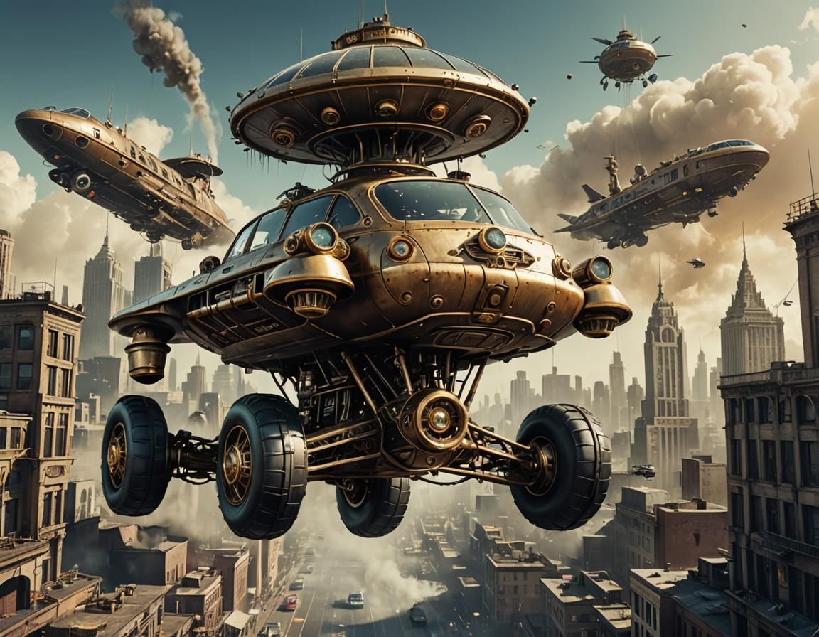 Steampunk UFO Banks Over Metropolis in Retro-Futuristic Art