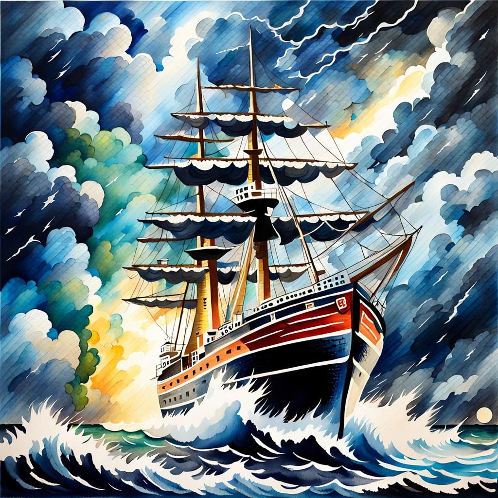 Stormy Seas: Lightning Strikes Ship in Watercolour Impasto