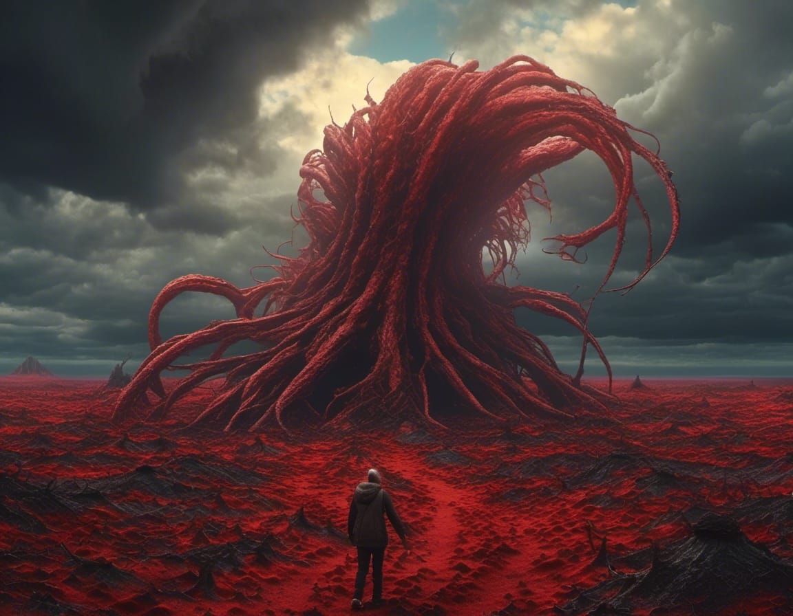 <lora:Mirage:1.0> A battle between a nightmarish fungal tent...