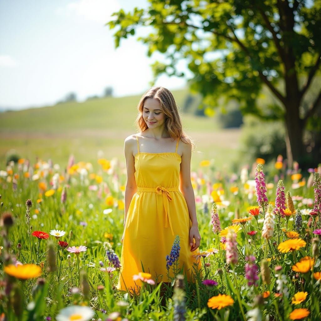 Whimsical Woman in Sunny Meadow