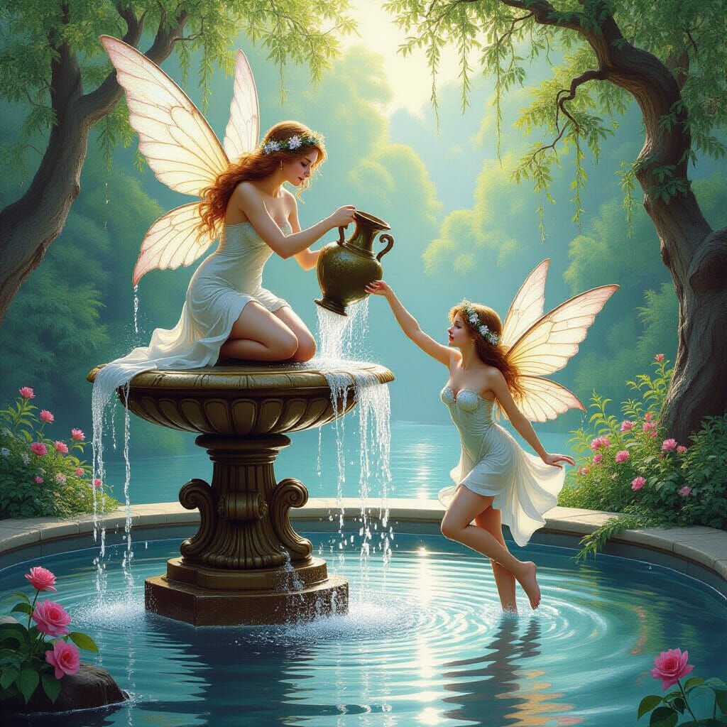 Nymph and Fairy Fountain in Oil Painting Style