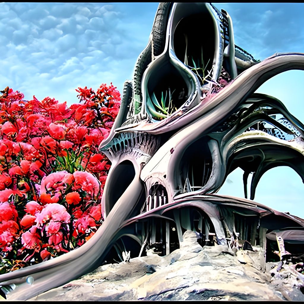 Surreal Biomechanical Alien Landscape with Plant Structures