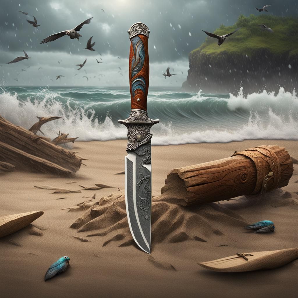 Native American Knife on Beach in Detailed Matte Painting