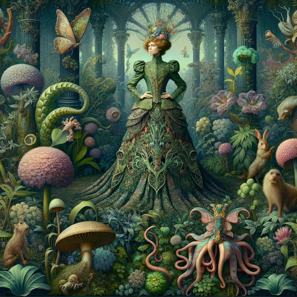 Elegant Woman in Art Nouveau Garden Oil Painting